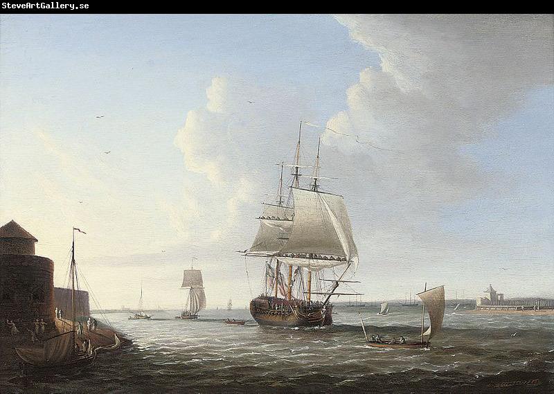 Dominic Serres An English man-o'war shortening sail entering Portsmouth harbour, with Fort Blockhouse off her port quarter